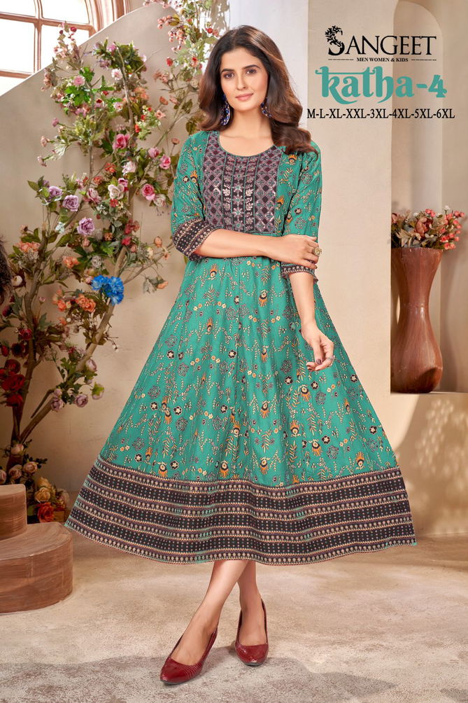 Katha 4 Long Rayon Printed Kurtis Wholesale Clothing Suppliers In India
